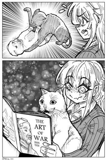 Mimi sees a cat losing a fight, so she reads Sun Tzu's The Art of War with it. The cat is showing an amazed expression.