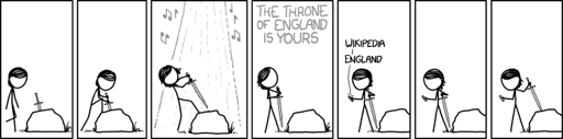 [Megan walks up to a sword in a stone.] [Megan attempts to pull the sword out of the stone.] [A beam of light and music plays as she removes the sword.] [While standing with the swords a voice from the sky speaks in gray shaky letters:] Celestial voice: The Throne of England is yours [Megan takes out her smart phone and searches:] Wikipedia England [Megan reads on her phone.] [Megan, still reading from her phone, starts to replace the sword back into the stone.]