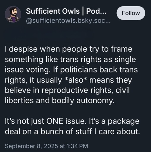 @sufficientowls.bsky.social: I despise when people try to frame something like trans rights as single issue voting. If politicians back trans rights, it usually *also* means they believe in reproductive rights, civil liberties and bodily autonomy.  It’s not just ONE issue. It’s a package deal on a bunch of stuff I care about.