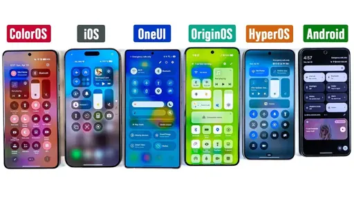 Image where 6 phones are shown.
In order, from Left to Right, the following operating systems are shown in each phone:

ColorOS
iOS
OneUI
OriginOS
HyperOS
Android (Stock)