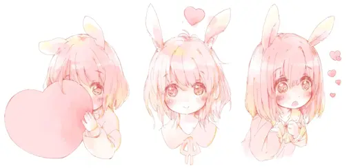 3 all-pink anime drawings of a bunnygirl, holding a very big heart and hiding behind it in the first, smiling forward with a heart floating above her in the second, and looking to the right mesmerized with hearts floating out of her face in the third