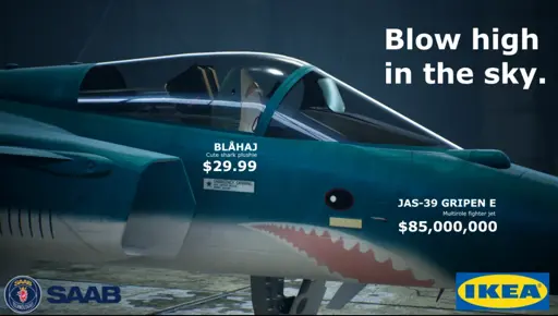 Ikea advertisement for a Blahaj fighting jet with the slogan "Blow high in the sky."